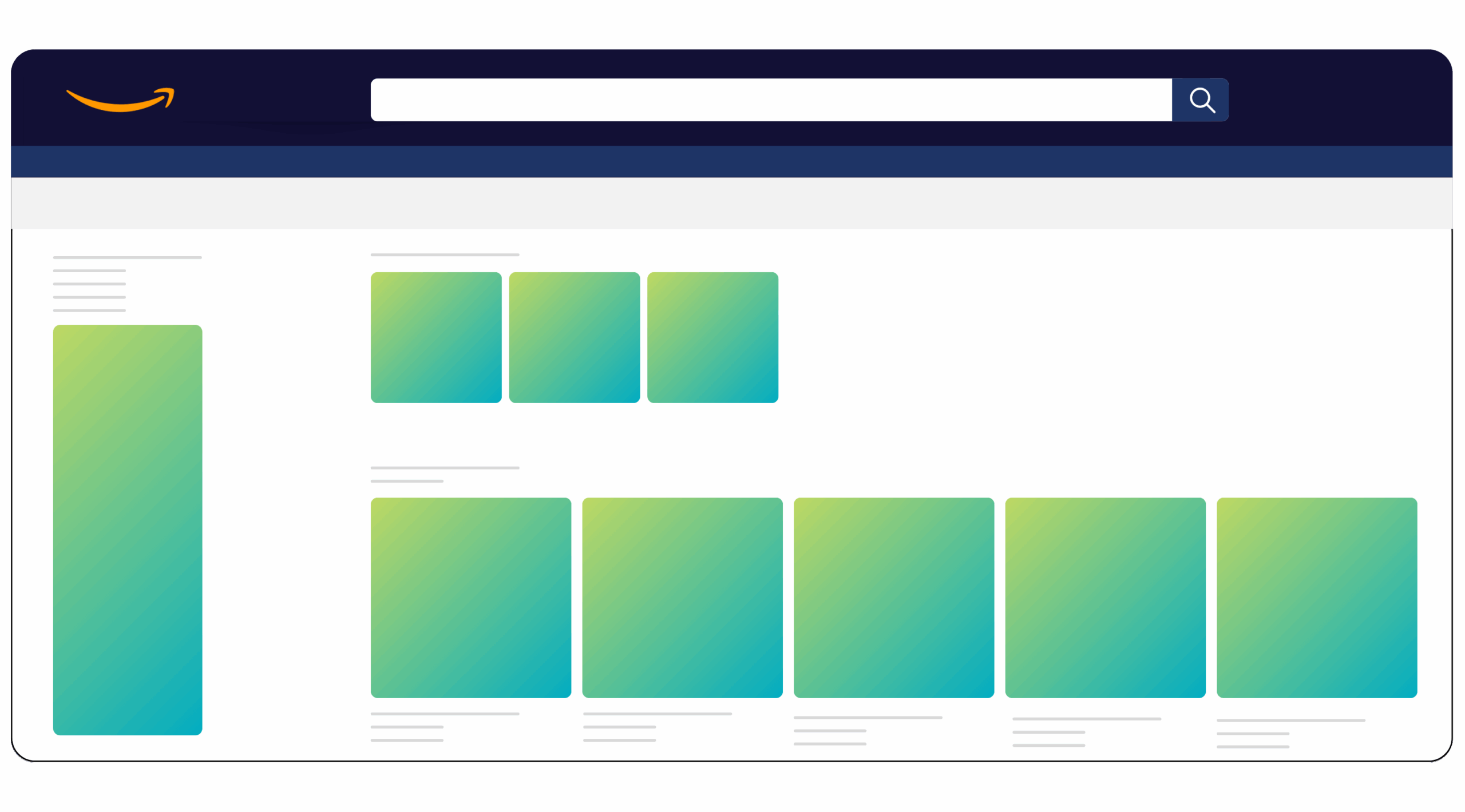 Illustration of an Amazon search results page mockup with a heatmap overlay highlighting common ad placement zones. The layout includes a dark navigation bar with the Amazon logo and a prominent search bar at the top. Colored gradient blocks—shaded from green to teal—indicate high-visibility advertising areas across the page. These include: A tall vertical banner on the left sidebar. Three small square ad spaces at the top of the results grid. A wide horizontal placement in the middle of the page. A row of five product cards prominently featured across the bottom section. The image visually emphasizes the most attention-grabbing ad placements on an Amazon product results page.