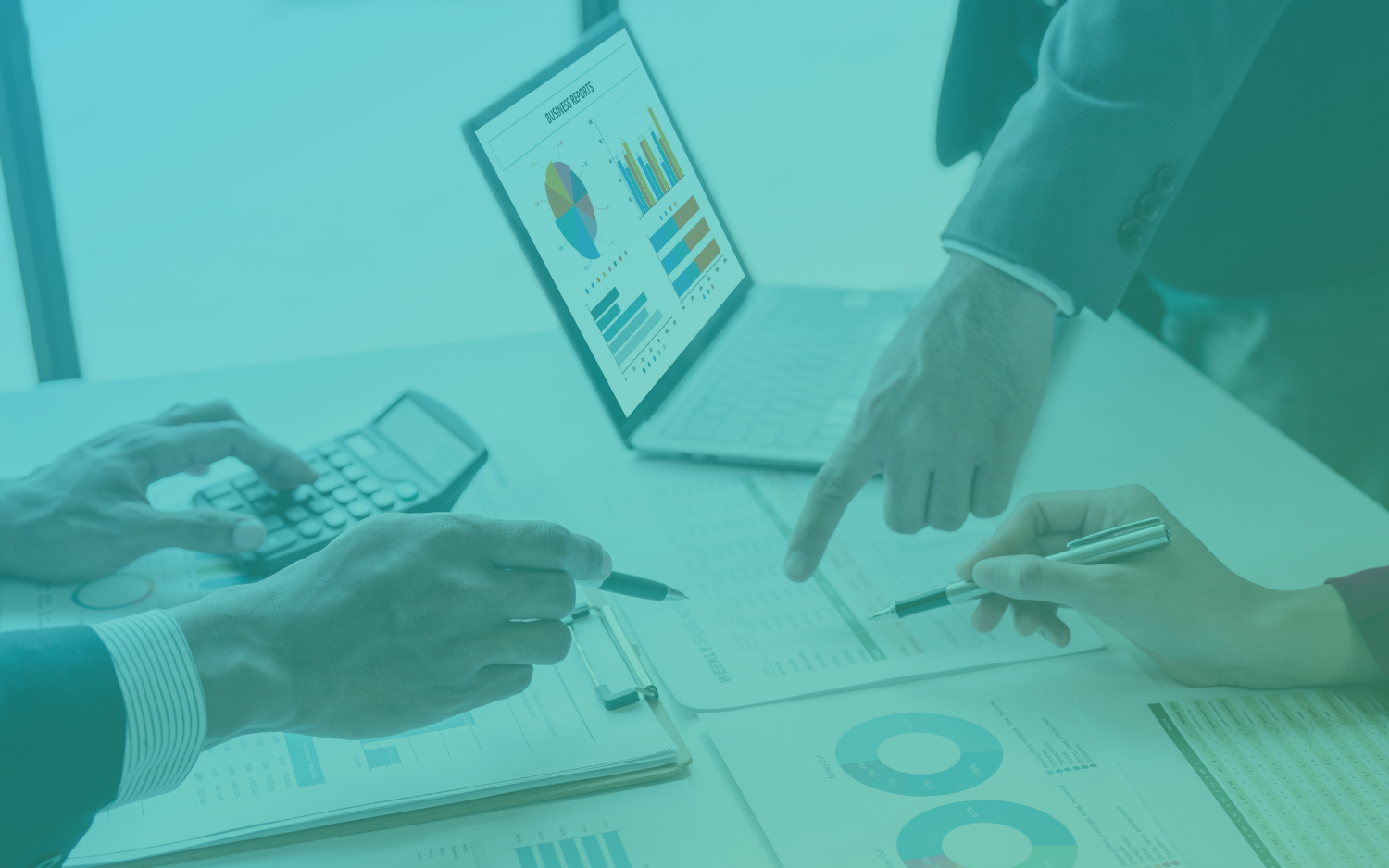 Analytics template Three people's hands pointing at a table with a calculator, clipboard, and paper on it.