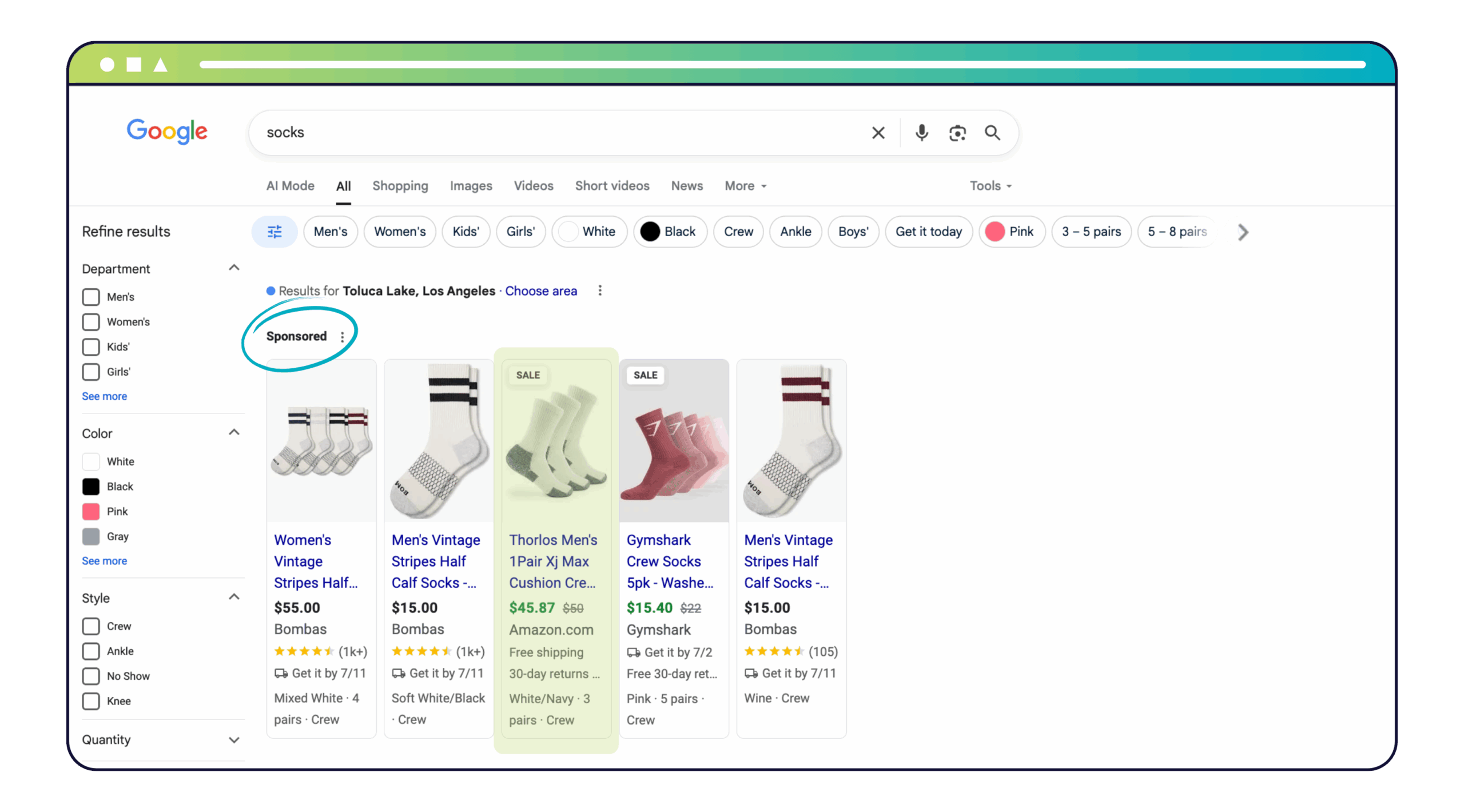 Screenshot of a Google search results page for the keyword “socks.” At the top of the results is a “Sponsored” label circled in blue, indicating that the horizontal row of product listings is paid advertising. The listings include various brands of socks, each with images, pricing, seller name, ratings, and shipping information.
