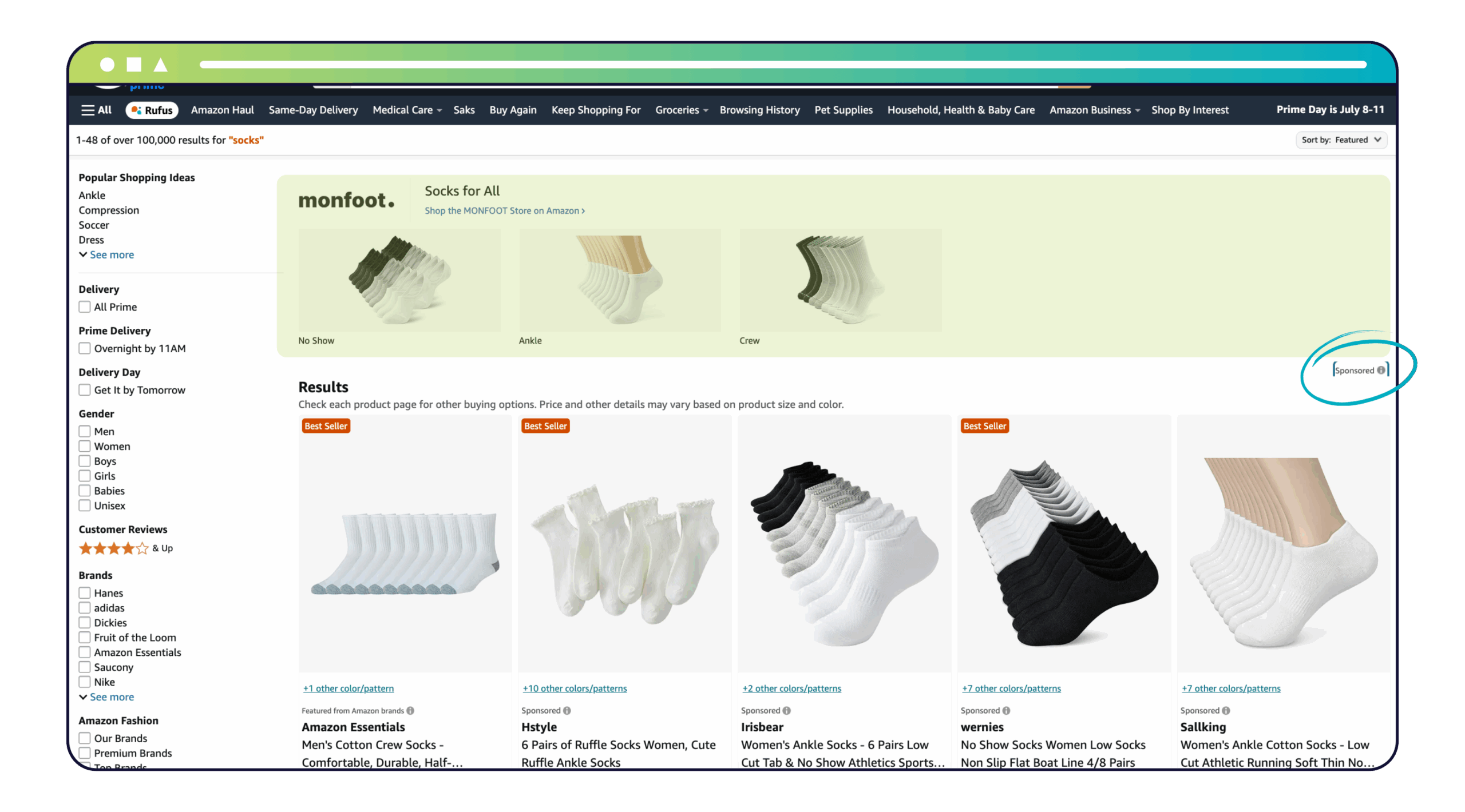 Screenshot of an Amazon search results page for “socks,” showing both organic and sponsored listings. At the top center is a green-highlighted banner promoting the brand Monfoot, with the slogan “Socks for All” and product category images: No Show, Ankle, and Crew. Below the banner, a “Results” section displays five sock product listings in a grid layout. Notably, a “Sponsored” label is circled in blue on the right side, indicating that the Monfoot banner is a paid advertisement.
